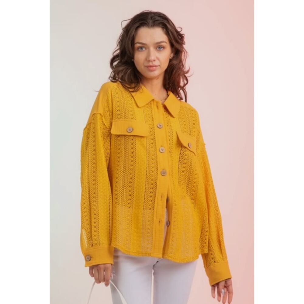Very J - Lace Crochet Button Down Sheer Shacket - Small